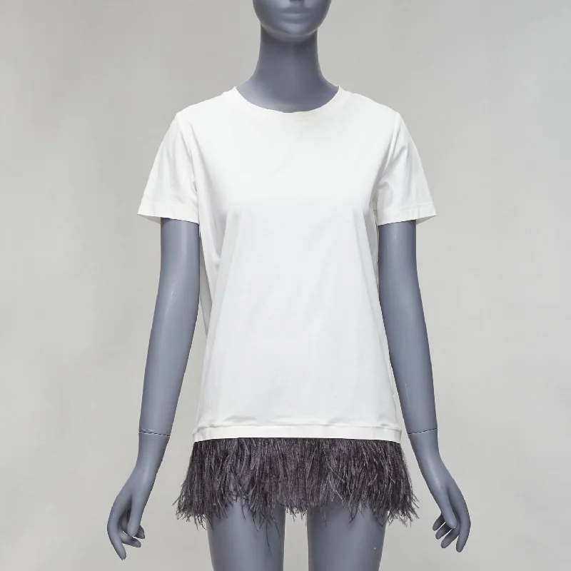 Vibrant Femme Fashion Jil Sander Cotton Ostrich Feather Trim Crew Neck Tshirt