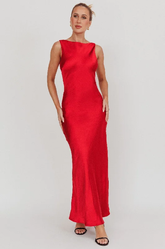 Holiday Gift Guide Sale Carmine Satin Sleeveless Maxi Dress Wine