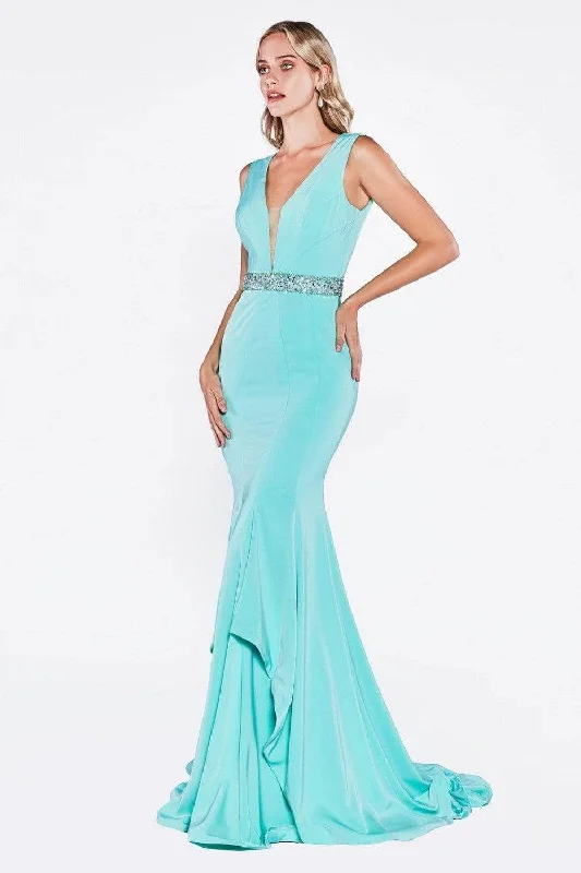 Clothes For Woman Ladivine P107 - Deep V-Neck Beaded Accents Evening Gown