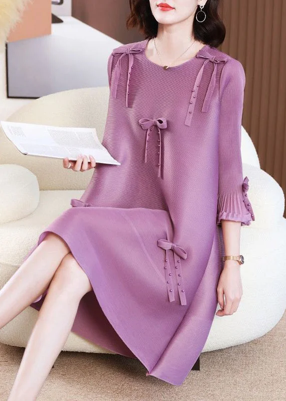 Trend Leading Collection Organic Purple Oversized Bow Nail Bead Pleated Dresses Summer