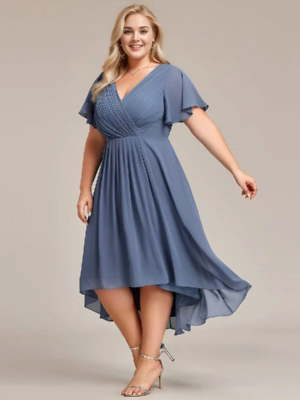 Limited Time Offers Plus Size Double V-Neck Ruffles Sleeve Chiffon Midi Wedding Guest Dress