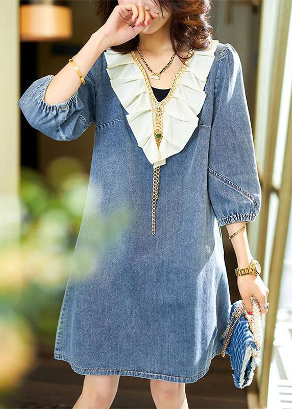 Trend Setting Wardrobe Italian Blue V Neck Ruffled Patchwork Denim Dress Bracelet Sleeve