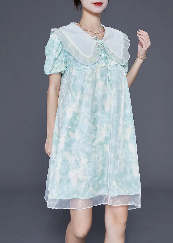 Shop Ladies Clothes Cute Light Blue Bow Collar Print Tulle A Line Dress Summer