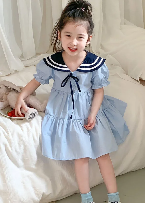 Chic & Cozy Apparel Art Blue Peter Pan Collar Wrinkled Patchwork Cotton Kids Girls Dress Summer