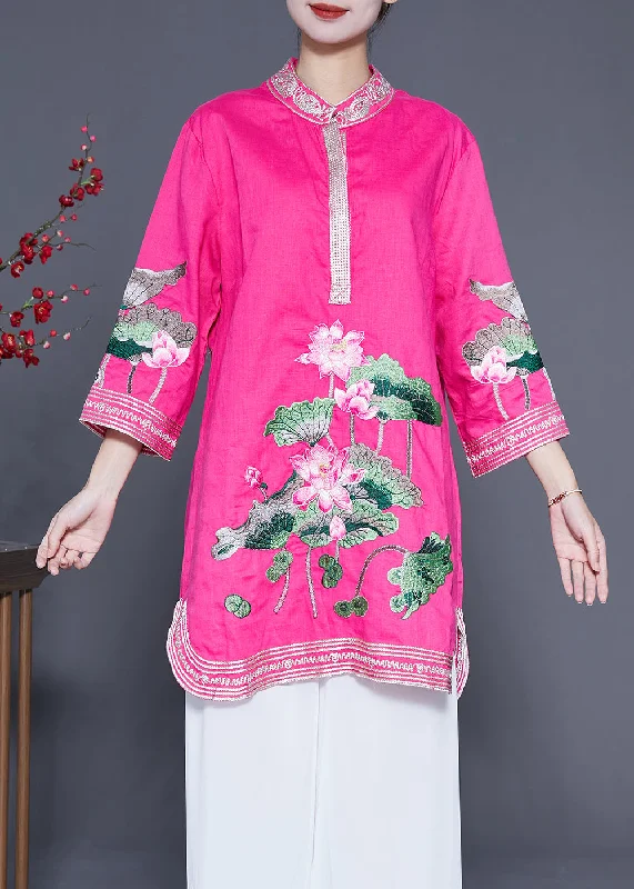 Seasonal Women's Fashion Trends Rose Linen Vacation Dress Stand Collar Lotus Embroideried Summer