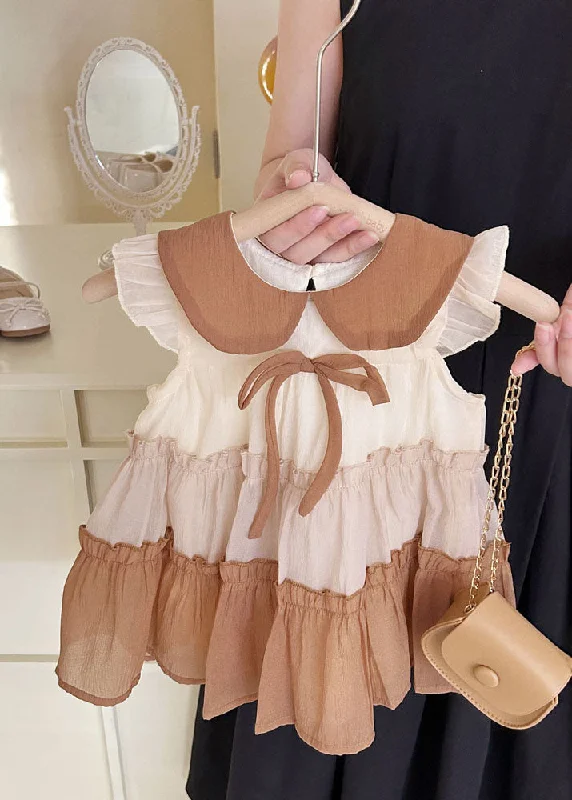 Trend Alert Cute Khaki Peter Pan Collar Ruffled Chiffon Kids Girls Dress Summer