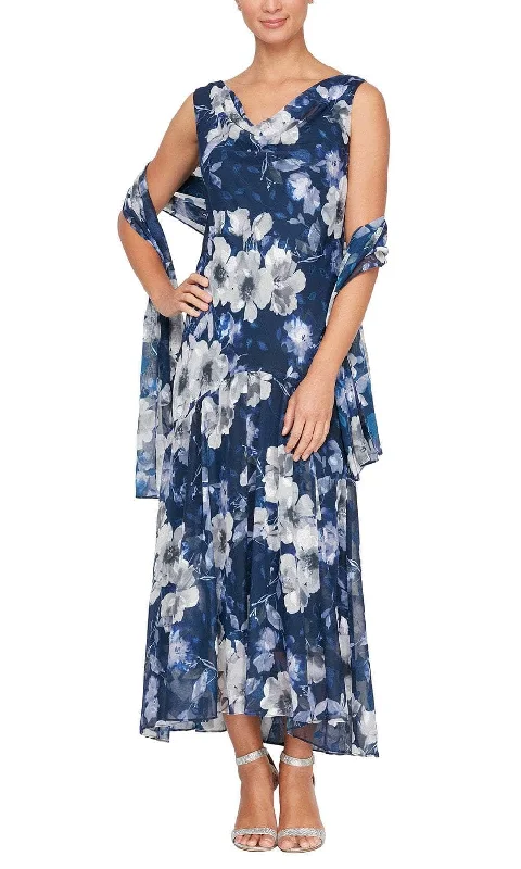 Plus Size Women's Fashion and Clothing Alex Evenings 8175903 - Floral Cowl Neck Formal Dress