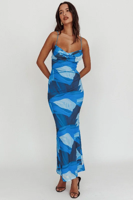 Redefining Women's Fashion Teava Laced Waist Maxi Dress Abstract Blue