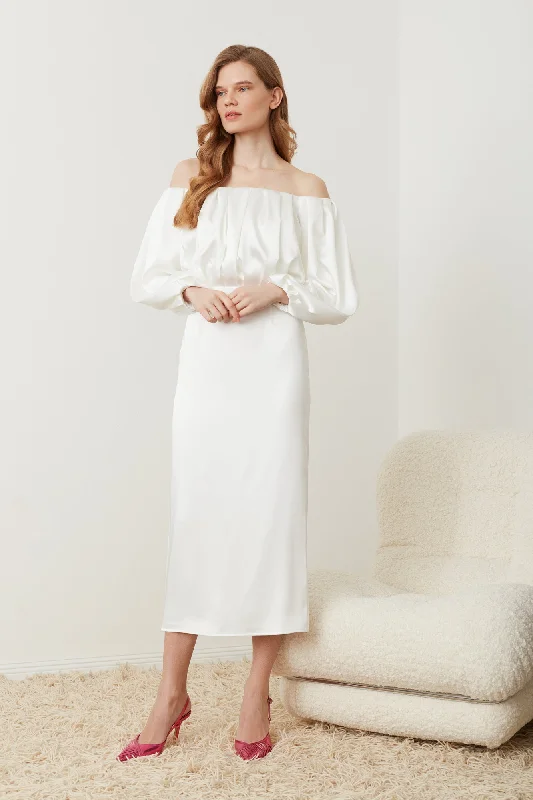 Limited Time Deal ALYA off shoulder pleated midi wedding dress