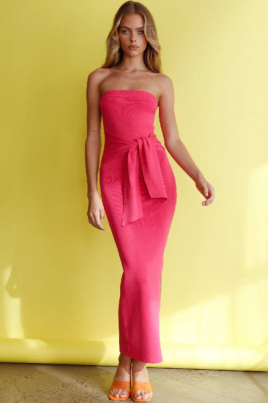 Women's Clothing Brands Told You So Strapless Waist Tie Knit Maxi Dress Hot Pink