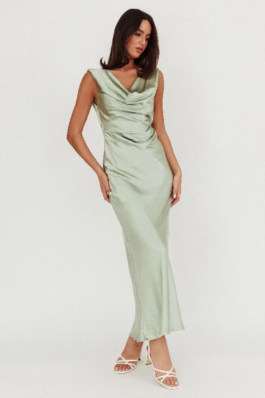 Women's Fashion Clothing Chills Cowl Neck Satin Maxi Dress Sage