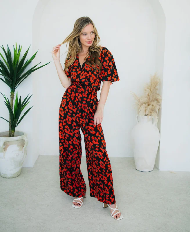 Women Clothes Red Floral Flutter Sleeve Jumpsuit