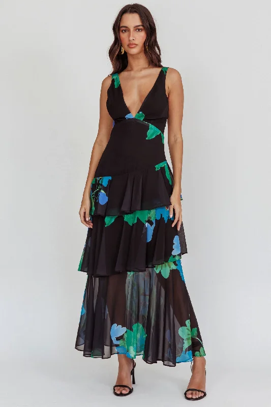 Minimalist Style Veda Strappy Back Ruffle Maxi Dress Black