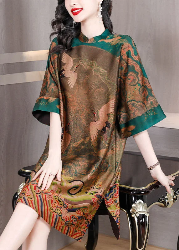 Signature Style Essentials Women Green Oversized Print Silk Chinese Style Dress Half Sleeve