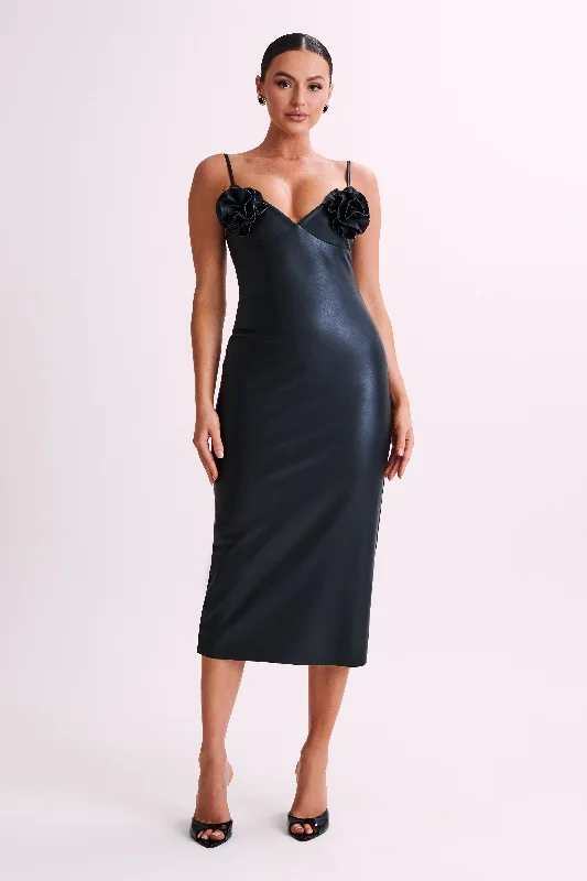 Massive Savings Mariam Faux Leather Rose Midi Dress - Black