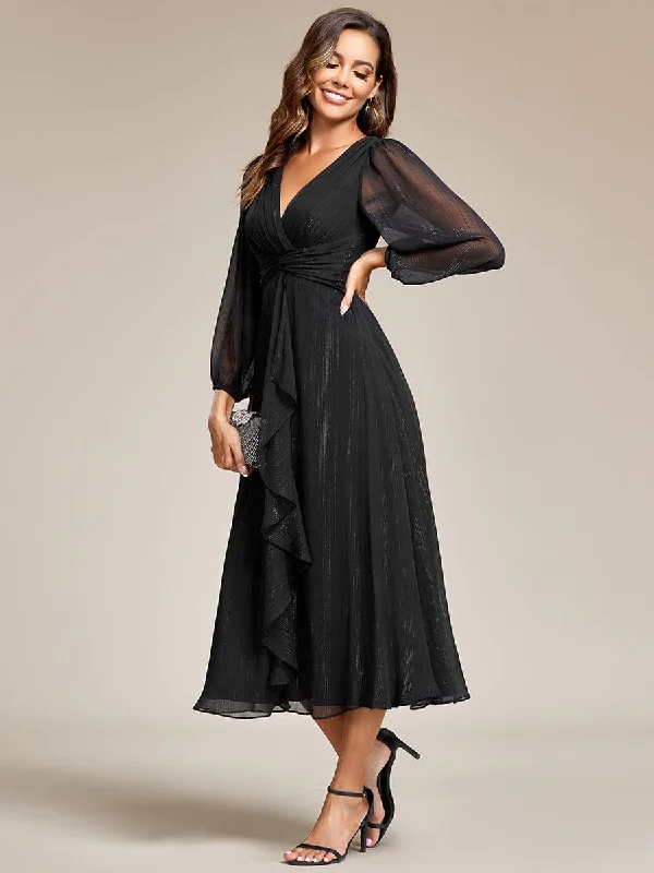 Stylish Dresses for Women See-Through Long Sleeve Twist Knot A-Line Lotus Leaf Shimmering Evening Dress