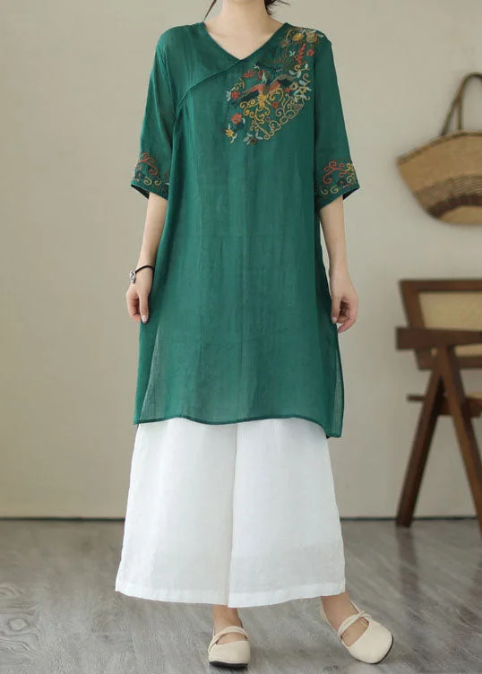 Casual Wear Retro Green Embroideried Patchwork Linen Mid Dresses Summer