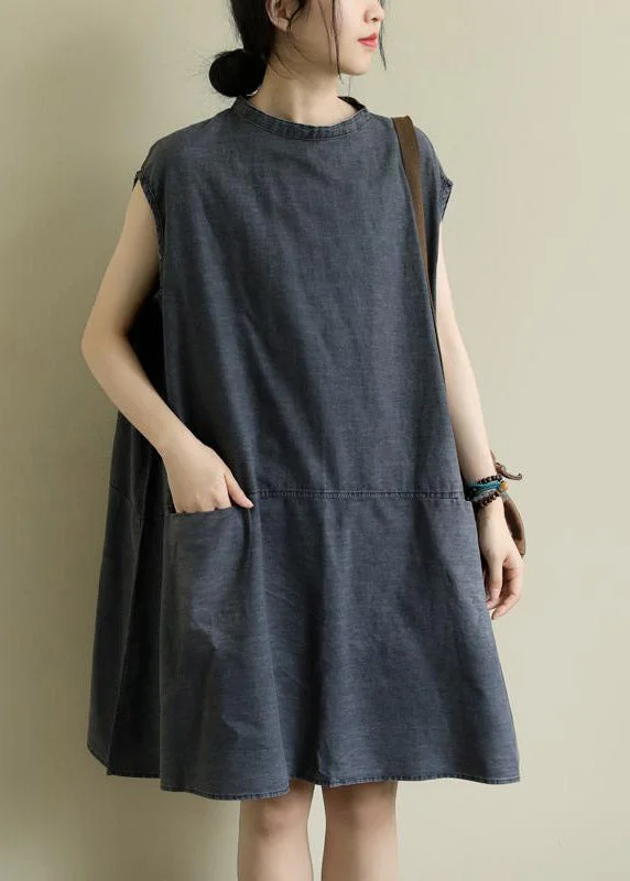 Best Deals Of The Season Boutique Grey Stand Collar Patchwork Solid Mid Dress Summer