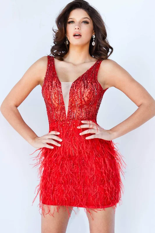 High Street Women's Fashion for Trendy Shoppers Jovani - 04619 Beaded V-Neck Feather-Fringed Short Prom Dress