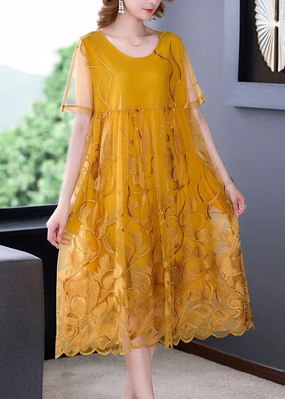 Fashionable Casual Tops Boho Yellow Embroideried Hollow Out Tulle Dress Summer