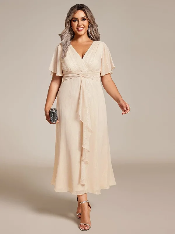 Unbeatable Prices Plus Size Silver Metallic Fabric V-Neck A-Line Wedding Guest Dress featuring Delicate Ruffled Hem