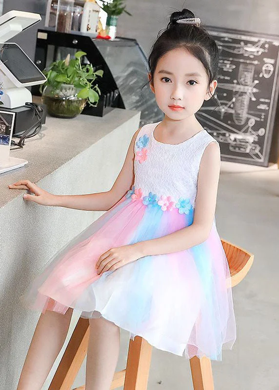 Women's Formal Wear Sweet White Floral Wrinkled Patchwork Tulle Baby Girls Princess Dress Sleeveless