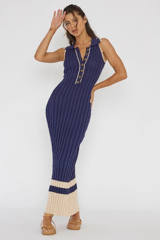 Online Impressions Boutique Cayla Button-Up Ribbed Knit Dress Navy