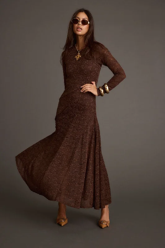 Fashion Women's Clothing Tierra Brown Lace Long Sleeve Maxi Dress