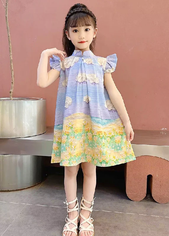 Season Sale Boho Blue Print Button Girls Mid Dress Short Sleeve