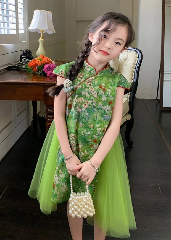 Attire Sale Chinese Style Green Mandarin Collar Patchwork Tulle Chiffon Kids Girls Mid Dress Summer