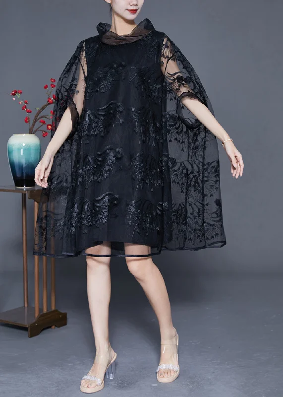 Casual Women's Clothing Elegant Black High Neck Embroideried Hollow Out Tulle Dress Cloak Sleeves