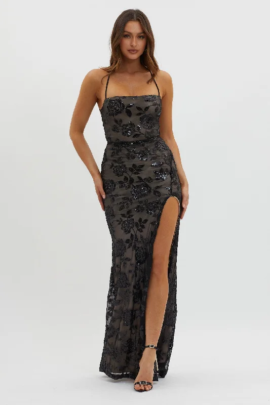 Effortless Style, Endless Impact Sparks Fly Sequin Embellished Maxi Dress Black/Nude