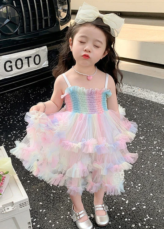 Women Wear Boutique Elegant Rainbow Ruffled Exra Large Hem Tulle Kids Girls Spaghetti Strap Dress Summer