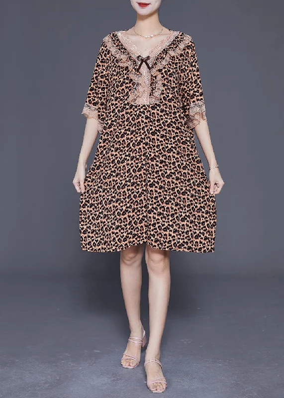 Flash Sale Starts Chic Leopard V Neck Patchwork Lace Cotton Mid Dress Summer