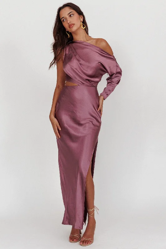 Trendy Threads See You Again One Sleeve Maxi Dress Grape