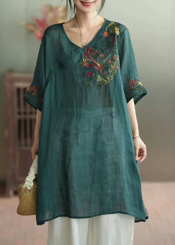 Weekend Sale Green Patchwork Linen Mid Dress V Neck Embroideried Summer