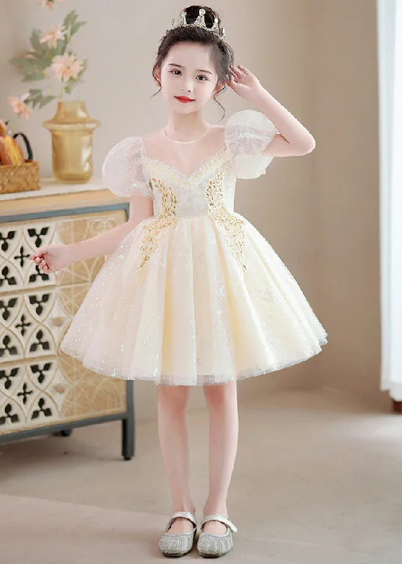 Discover Now Modern Champagne O-Neck Sequins Patchwork Nail Bead Tulle Girls Mid Dresses Summer