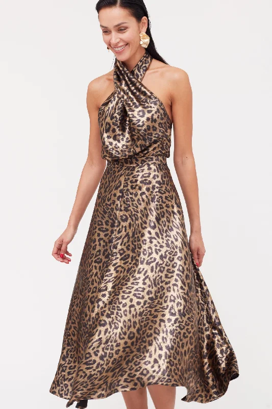 Durable Fashion Picks HEIDI Black Bronze Leopard Print Midi Dress