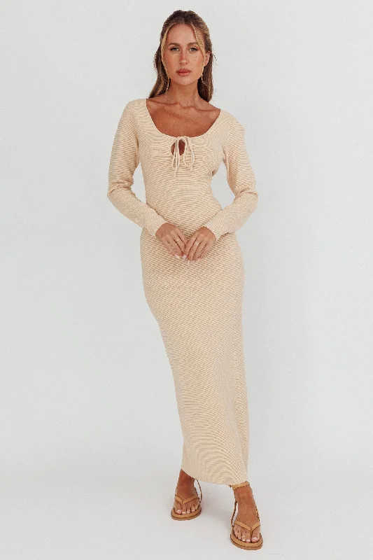 Bold and Elegant Women's Fashion Merine Long Sleeve Knit Maxi Dress Sand