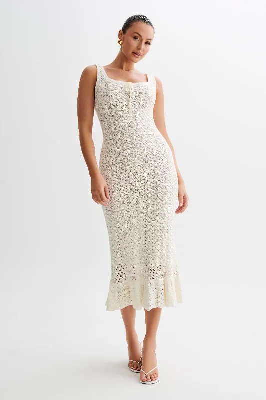 Minimalist Style Sylvie Frill Knit Midi Dresses - Ivory