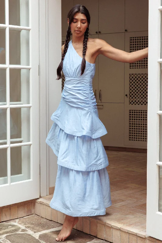 Trend Driven Wardrobe Kenny One Shoulder Tiered Maxi Dress Solid Blue