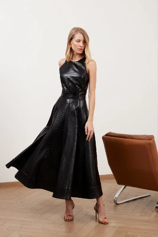 Timeless Elegance AVALON black textured vegan leather cocktail dress