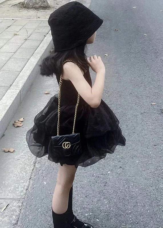 Evening Elegance Fashion Black Ruffled Patchwork Tulle Kids Girls Robe Dresses Summer