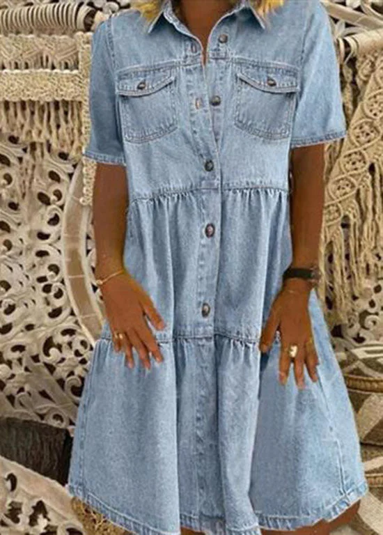 High End Women's Wear Style Light Blue Peter Pan Collar Wrinkled Patchwork Denim Mid Dress Summer