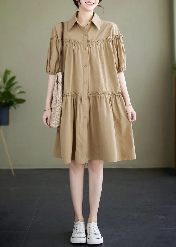 Clothing Brands Khaki Peter Pan Collar Button Cotton Mid Dress Short Sleeve