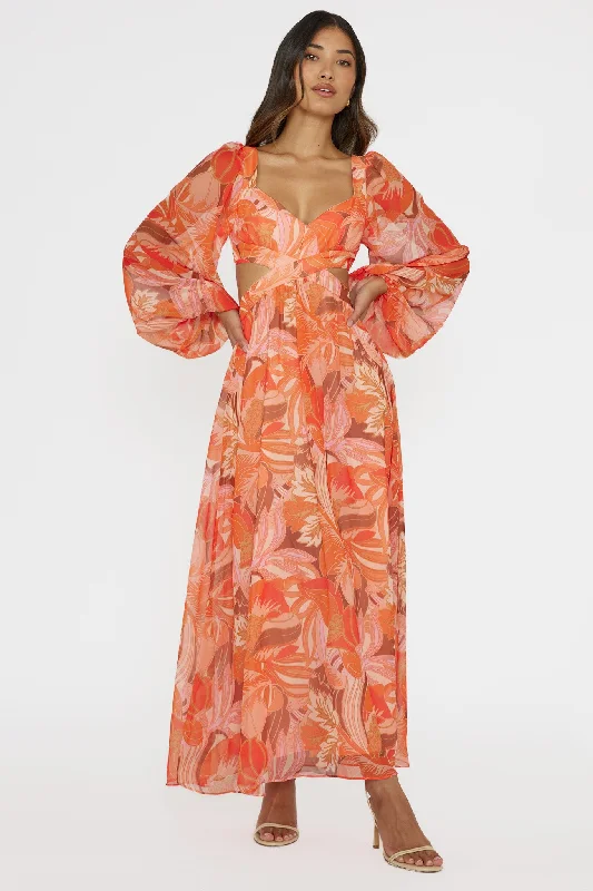 Huge Markdowns Maura Long Sleeve Lace-Up Back Dress Floral Orange