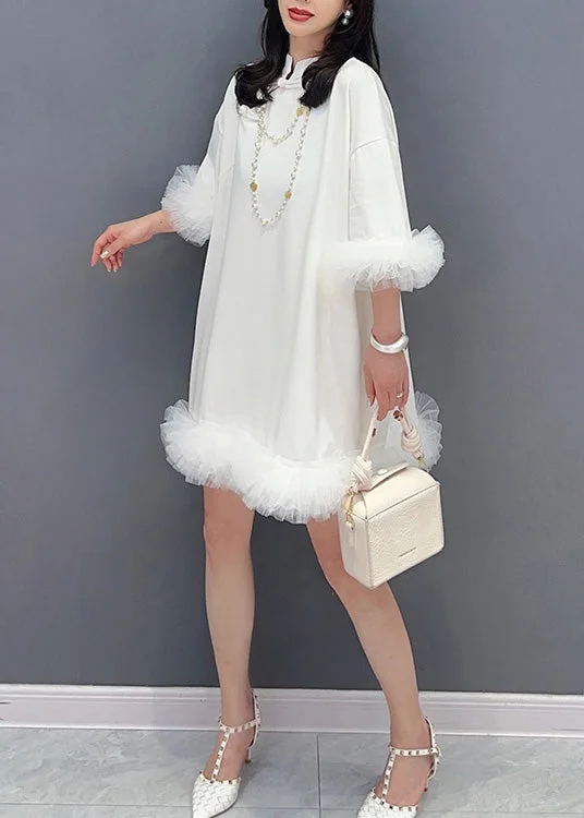 Online Clothing Boutiques White Stand Collar Button Solid Mid Dress Half Sleeve