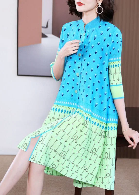 Limited Styles DIY Blue Stand Collar Patchwork Print Holiday Dress Summer