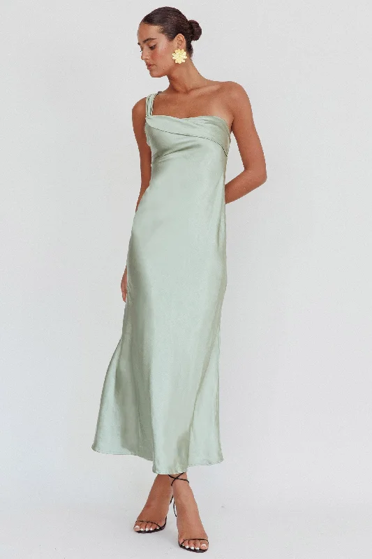 Online Boutiques Affordable Carmel One-Shoulder Sash Maxi Dress Sage