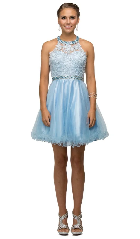 Pastel Styles Dancing Queen - 9534 Bejeweled Collar Halter Lace A-Line Homecoming Dress